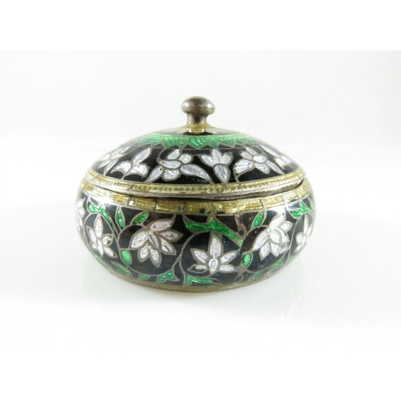 Vintage Enameled Sterling Silver Green, Black, Gold, White Trinket Stash Box - Picture 1 of 9